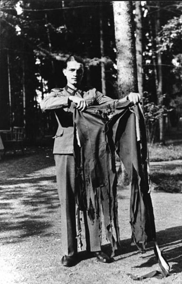 Adolf Hitler's pants after the failed assassination attempt at Wolf's Lair in 1944. It doesn't show on the black and white photo but back of the pants "mysteriously" turned brown.