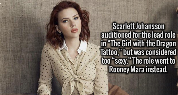 scarlett johansson chair - Scarlett Johansson auditioned for the lead role in "The Girl with the Dragon Tattoo," but was considered too "sexy." The role went to Rooney Mara instead.