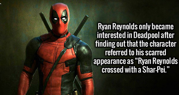 Ryan Reynolds only became interested in Deadpool after finding out that the character referred to his scarred appearance as "Ryan Reynolds crossed with a SharPei."