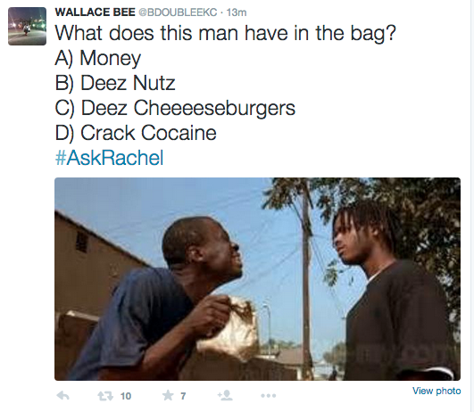 crackhead from menace to society - Wallace Bee . 13m What does this man have in the bag? A Money B Deez Nutz C Deez Cheeeeseburgers D Crack Cocaine 7 10 7 View photo