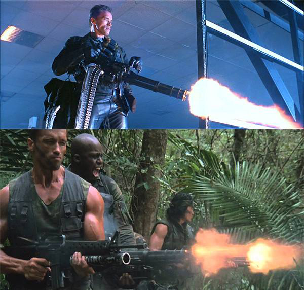 Remember the mini-gun the Terminator uses in Cyberdyne headquarters in “Terminator 2: Judgement Day? It’s the exact same gun used in “Predator”, 4 years before.