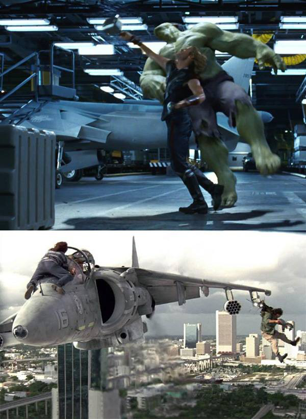 Turns out, full-scale replicas of fighter aircraft aren’t that common, and even though most of the jets in “The Avengers” are CGI, the one in the fight scene between Hulk and Thor is not. In fact, it’s the same one that Arnold Schwarzenegger flew in “True Lies,” just with a new paint job.