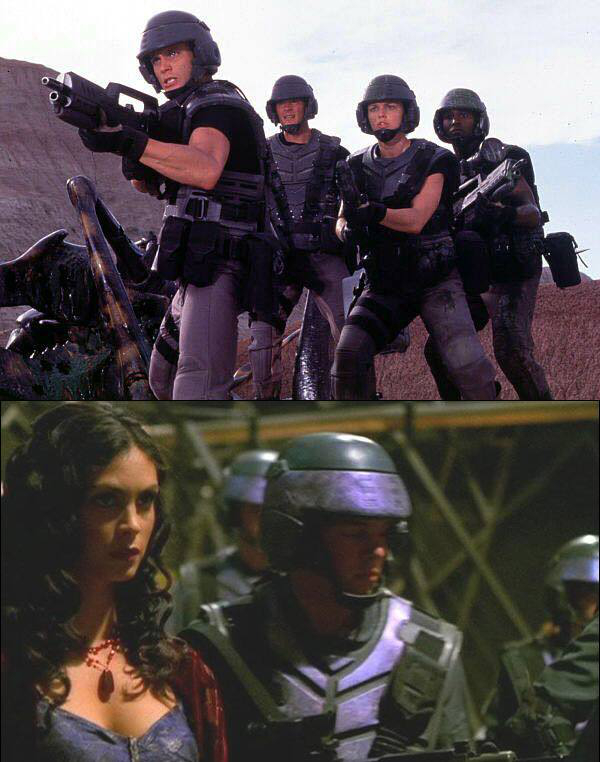 20th Century Fox decided to get their money’s worth out of the body armor and helmets used in “Starship Troopers.” The Alliance soldiers in the show “Firefly” wore the exact same costumes, and they even made a cameo in the 2001 reboots of “Planet of the Apes,” just with a shiny black paint job.