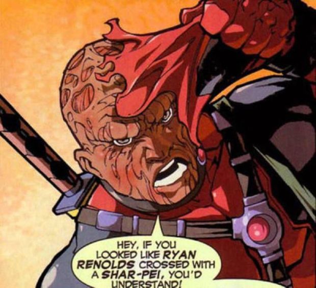 In the movie Wade talks about his new looks that this is what happens when you get bitten by a radioactive Shar Pei. This is a reference to Spider-Man but also to the comicbook where Wilson said he looked like a mix of a Shar Pei and... Ryan Reynolds; it is said that reference is what got Reynolds interested in Deadpool.