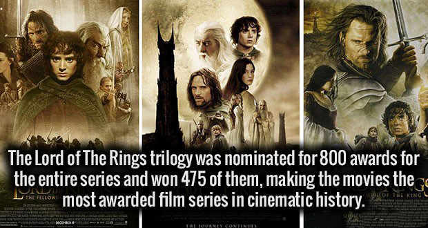 lord of the rings trilogy - The Lord of The Rings trilogy was nominated for 800 awards for the entire series and won 475 of them, making the movies the most awarded film series in cinematic history.am T Ueses Continues Til Journey Continues