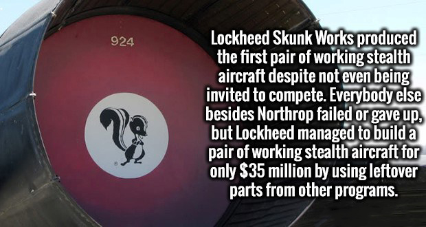 Skunk Works - 924 Lockheed Skunk Works produced the first pair of working stealth aircraft despite not even being invited to compete. Everybody else besides Northrop failed or gave up, but Lockheed managed to build a pair of working stealth aircraft for o