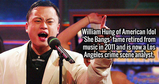 music artist - William Hung of American Idol 'She Bangs' fame retired from music in 2011 and is now a Los Angeles crime scene analyst.