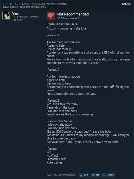 screenshot - 8,013 of 11,373 people 70% found this review helpful 6,621 people found this review funny 558 Yagi 147 products in account 4 reviews Not Recommended 53.0 hrs on record Posted A baby is drowning in the lake Fallout 1 Ask for more information A