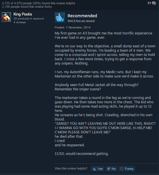 screenshot - 4,725 of 4,979 people 95% found this review helpful 2,198 people found this review funny 71 King Pootis 39 products in account 4 reviews Recommended 844.0 hrs on record Posted My first game on A3 brought me the most horrific experience I've e