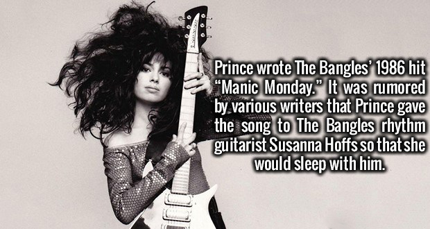 susanna hoffs guitar young - Prince wrote The Bangles' 1986 hit "Manic Monday." It was rumored by various writers that Prince gave the song to The Bangles rhythm guitarist Susanna Hoffs so that she would sleep with him.
