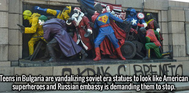 soviet army monument - Ddc Mita Teens in Bulgaria are vandalizing soviet era statues to look American superheroes and Russian embassy is demanding them to stop.