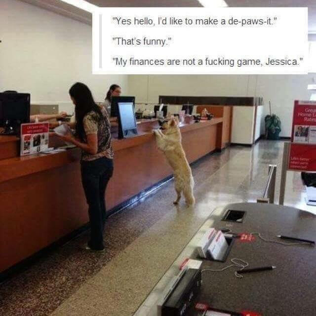 my finances are not a joke jessica - "Yes hello, I'd to make a depawsit." "That's funny." "My finances are not a fucking game, Jessica."