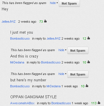 youtube comment number - hide Not Spam This has been flagged as spam Hey Jellee Wz 2 weeks ago 73 I just met you Bombasticuso in to JelleeJWZ 2 weeks ago 12 This has been flagged as spam hide. Not Spam And this is crazy MrDedana in to Bombasticuso 2 weeks