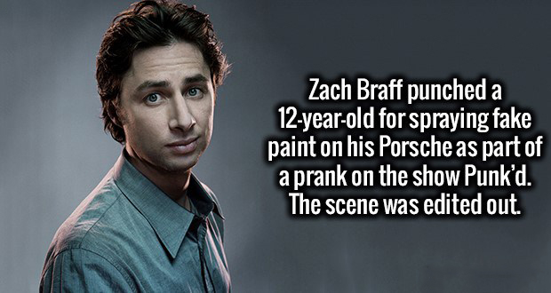 zach braff - Zach Braff punched a 12yearold for spraying fake paint on his Porsche as part of a prank on the show Punk'd. The scene was edited out.