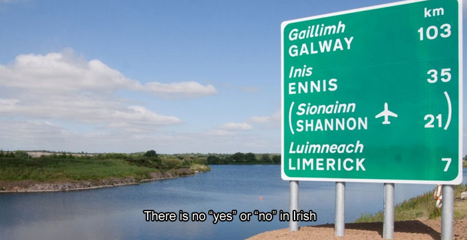 nature reserve - km 103 Gaillimh Galway Inis 35 Ennis Sionainn 21 Shannon Luimneach Limerick 7 There is no "yes" or "no" in Irish