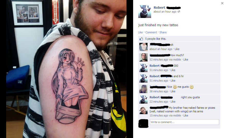 waifu cringe - Robert about an hour ago just finished my new tattoo Comment 5 people this. Ok about an hour ago How much? 52 minutes ago via mobile Robert 300 51 minutes ago Roberty and he 51 minutes ago Nice me gusts 38 minutes ago Robert right you gusta