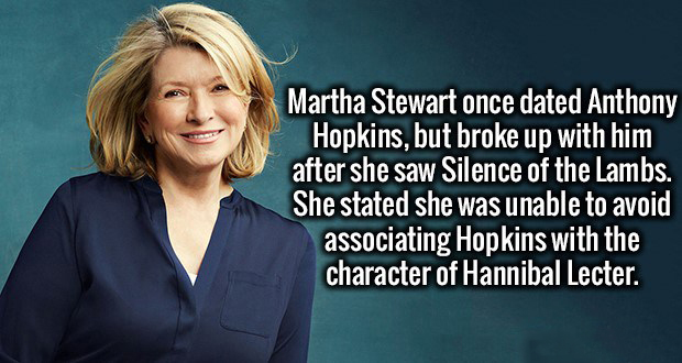 Martha Stewart - Martha Stewart once dated Anthony Hopkins, but broke up with him after she saw Silence of the Lambs She stated she was unable to avoid associating Hopkins with the character of Hannibal Lecter.