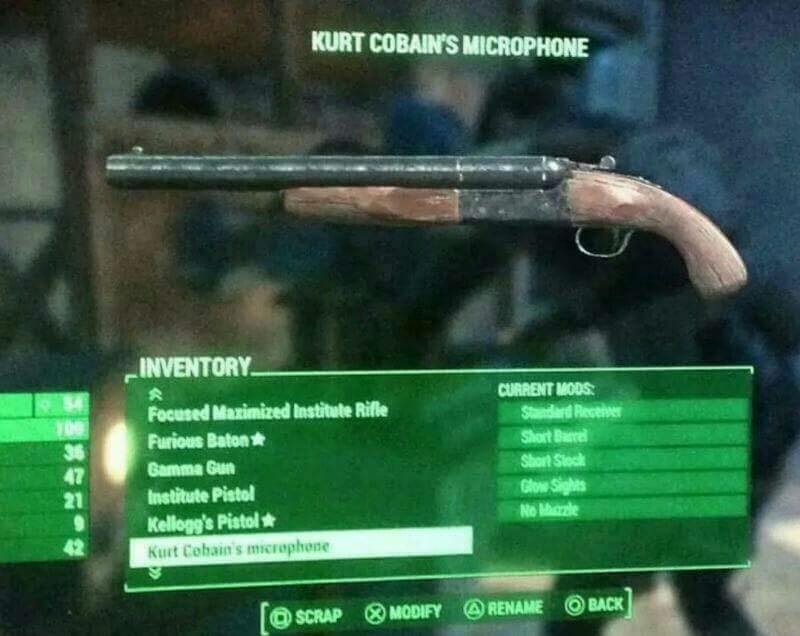 kurt cobain's microphone fallout 4 - Kurt Cobain'S Microphone Inventory Bag Focused Maximized Institute Rifle Furious Baton Gamma Gun Institute Pistol Kellogg's Pistol Kurt Cobain's microphone Current Mods Stree Short Bare Short Stock Glow Sights No Moral