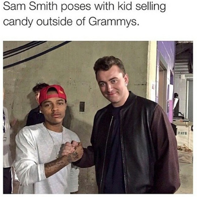 tweet - sam smith funny - Sam Smith poses with kid selling candy outside of Grammys.