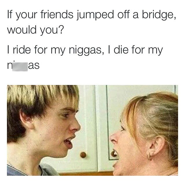 tweet - ride with my niggas meme - If your friends jumped off a bridge, would you? I ride for my niggas, I die for my nas