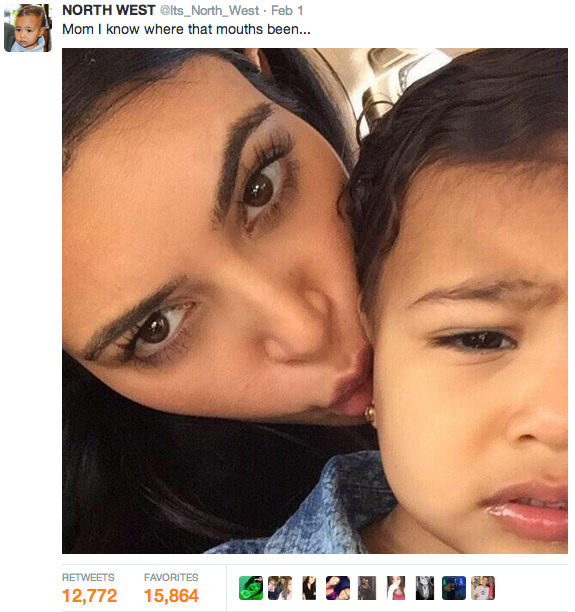 tweet - she know what the mouth do - North West West Feb 1 Mom I know where that mouths been... Favorites 12,772 15,864 7 21223