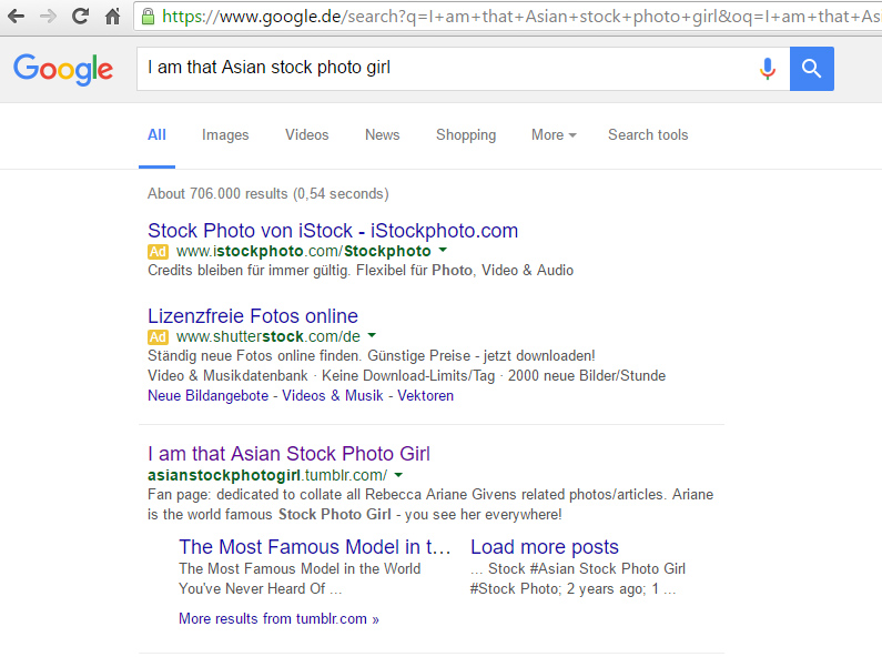 "Hope had sparked in me again, and I would give it one last ditch attempt. So I went to google and searched the first phrase that I imagine she would have typed into her supposed blog... "I am that Asian stock photo girl"... and finally, after about  a million highway billboards, I met Ariane."