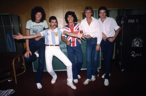 A controversial backstage photo of Queen with soccer legend Diego Maradona in Argentina