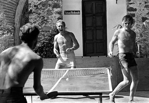 Paul Newman and Robert Redford playing ping-pong on the set of "Butch Cassidy and the Sundance Kid"