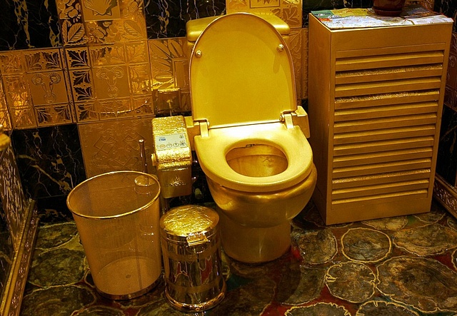 The Chinese thought why have golden poop if you're going to waste it in a regular toilet, so they not only made a WHOLE bathroom out of gold. The toilet itself is estimated to be worth 2,5 million dollars.