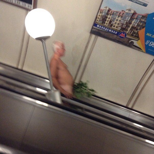 russian subway - naked man with a plant