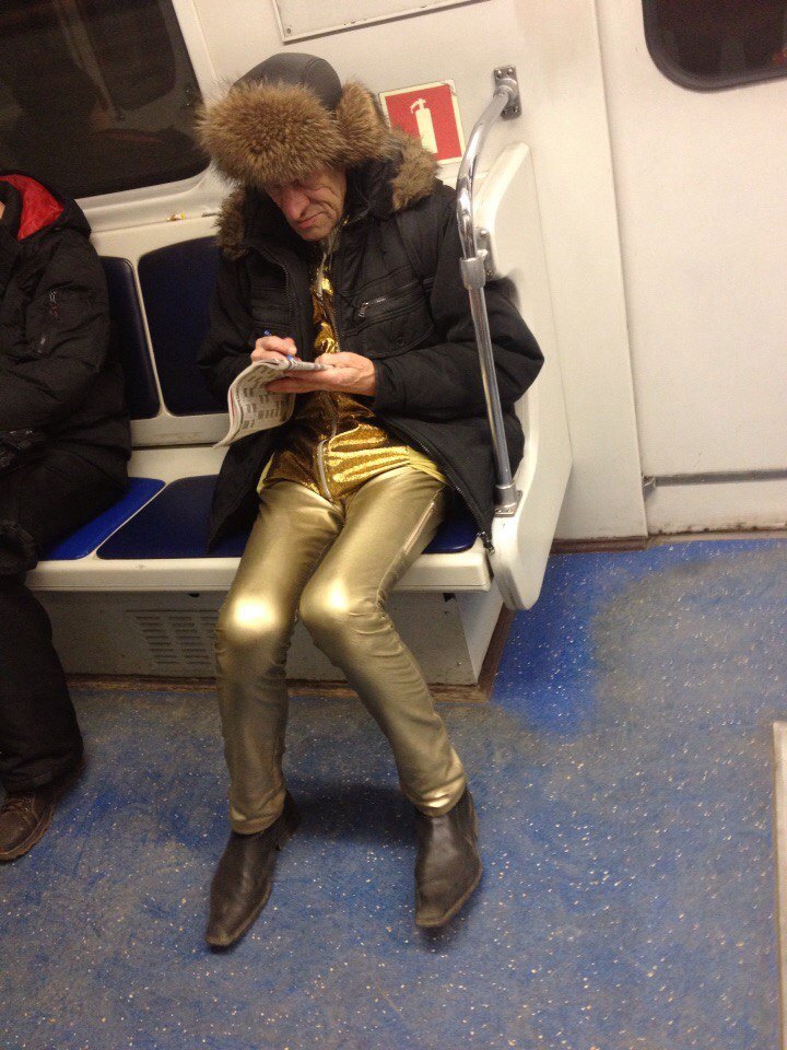 russian subway - old man wearing gold leggings