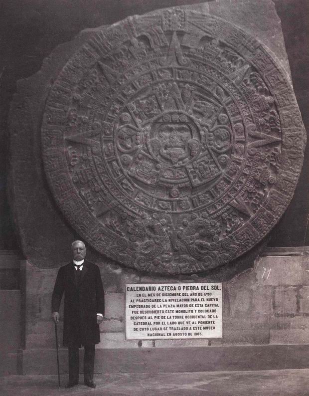 Porfirio Diaz next to an Aztec calendar, 1903. Diaz noticed a loose tile on it and ended up finding a secret passage to a boss fight and an epic item.