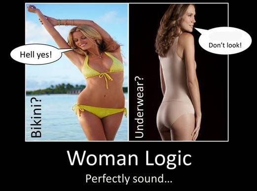 women's logic jokes - Don't look! Hell yes! Bikini? Underwear? 'Woman Logic Perfectly sound..