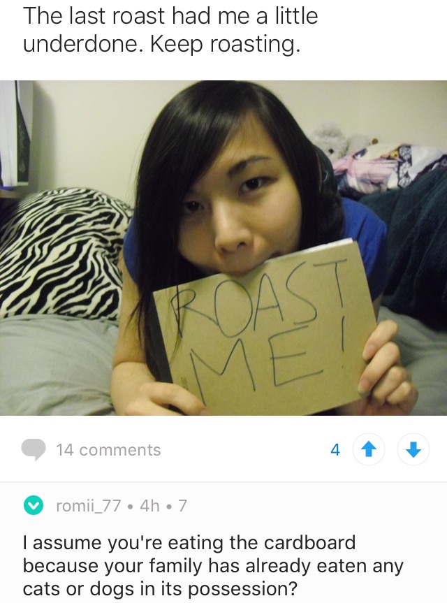 girl - The last roast had me a little underdone. Keep roasting. 14 4 romii_77 47 I assume you're eating the cardboard because your family has already eaten any cats or dogs in its possession?