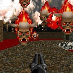 In Tomb Raider III’s “Nevada Desert” level, unarmed guards are wearing jackets bearing an image of one of DOOM’s lost souls.