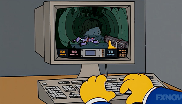 In a Season 16 episode of The Simpsons titled, “Midnight Rx,” Homer goes to see a job consultant who’s playing DOOM.