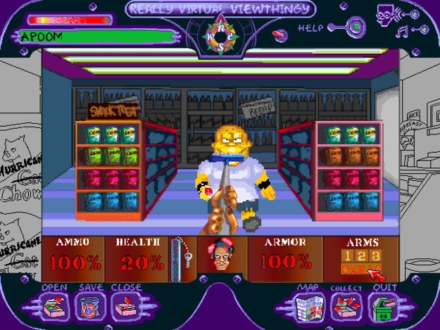 Speaking of The Simpsons- in the 1997 Simpsons game, Virtual Springfield, there’s a DOOM-influenced mini-game called “Apoom” in which you play as Apu clearing the Kwik-E-Mart of bullies.