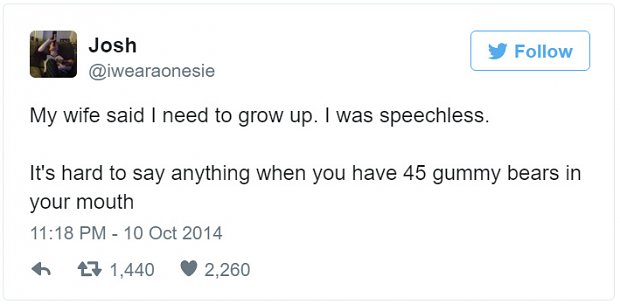 funny tweets about married life - Josh My wife said I need to grow up. I was speechless. It's hard to say anything when you have 45 gummy bears in your mouth 47 1,440 2,260
