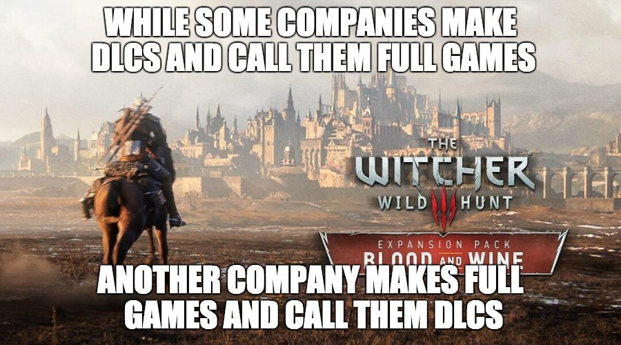 witcher dlc meme - While Some Companies Make Dlcs And Call Them Full Games An Witcher Ll Wild Hunt Expansion Pack Rlaid And Wine Another Company Makes Full Games And Call Them Dlcs