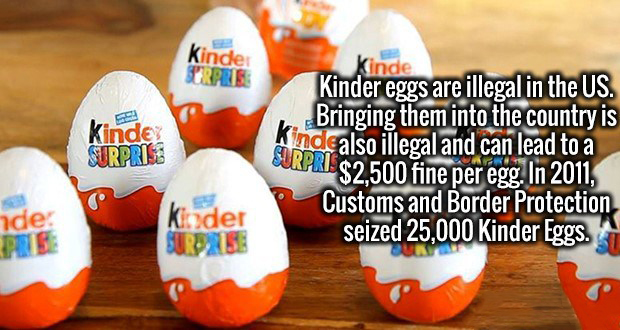 Kinde Rpre Kindex Surpris Kinde Kinder eggs are illegal in the Us. Bringing them into the country is And also illegal and can lead to a $2,500 fine per egg. In 2011, Customs and Border Protection seized 25,000 Kinder Eggs. ide oder Uros