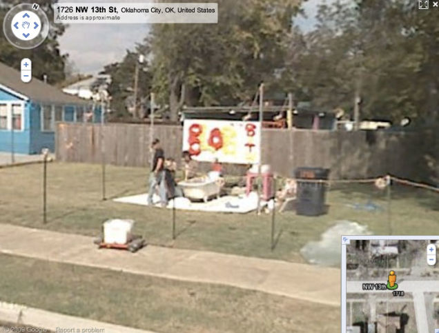 The Roadside Bathtub. Wayne Coyne has proven to be quite the eccentric. The member on an alternative indie band knew he had to make something special when he found out the Google Car will come down his street;  He planned accordingly - hopping into the tub at just the right moment for this odd photograph.