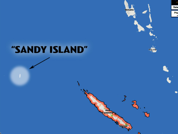 Sandy Island. "Sandy Island", a nonexistent island appearing on maps near the northwest of New Caledonia, has stumped cartographers for over a century. After appearing on maps for 100 years as a "phantom location", this strange location was finally photographed by Google Earth - simply displaying a black polygonal void, about the size of Manhattan. The Australian researchers who found the black mass alerted scientists - eventually sailing to the location in 2012 only to find open water and emptiness instead of the solid ground they expected. Now thought to simply be human error or possibly just a pumice raft - it's hard not to suspect that Google may actually be in on the joke.