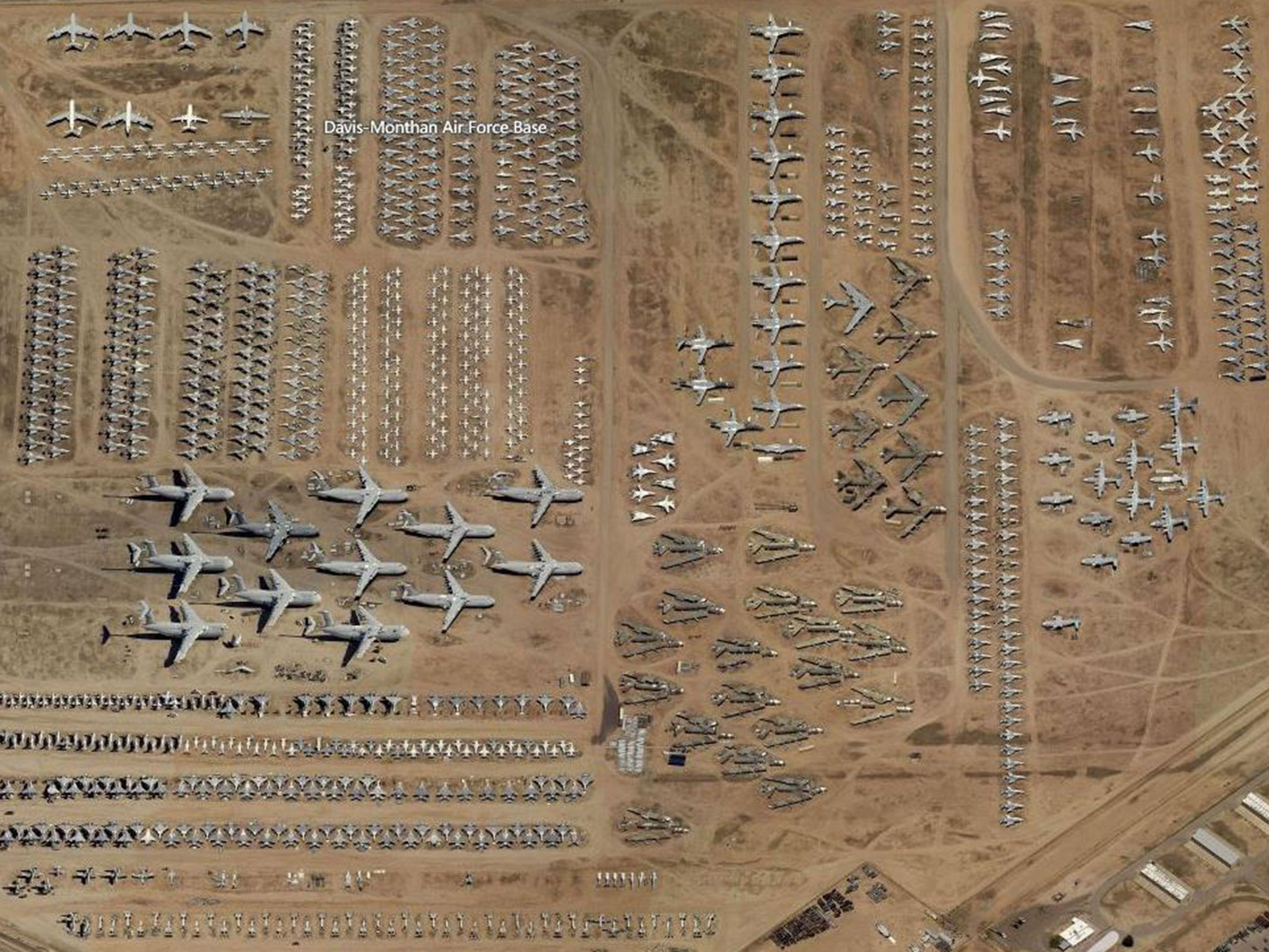 The Airplane Graveyard. The Davis Monthan Air Force Base in Tucson, Arizona (otherwise more commonly known as "The Boneyard") is a 2,600 acre metaphorical cemetery - Although closed to the general public, navigating to the coordinates on Google Earth provides a detailed peek inside - which is almost every single piece of aircraft the United States Military has flown since World War II - storing unbelievable relics of the past in staggering numbers. Snooping around the premises offers a glimpse into air travel history - albeit in a slightly creepy, definitely desolate kind of way.