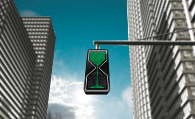Hourglass Traffic Lights. It counts down the time left to your light.