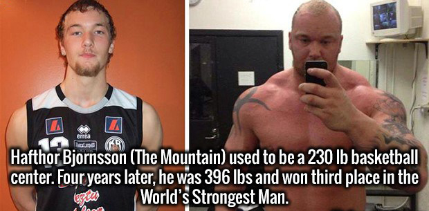 hafþór júlíus björnsson - Hafthor Bjornsson The Mountain used to be a 230 lb basketball center. Four years later, he was 396 lbs and won third place in the World's Strongest Man.