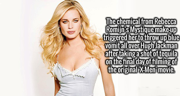 tv movie - The chemical from Rebecca Romijn's Mystique makeup triggered her to throw up blue vomit all over Hugh Jackman after taking a shot of tequila on the final day of filming of the original "XMen' movie.