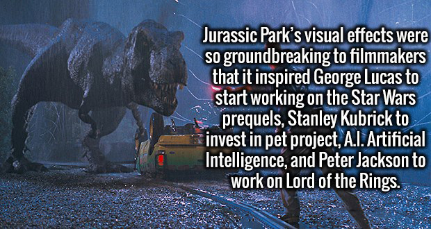 photo caption - Jurassic Park's visual effects were so groundbreaking to filmmakers that it inspired George Lucas to start working on the Star Wars prequels, Stanley Kubrick to invest in pet project, A.I. Artificial Intelligence, and Peter Jackson to work