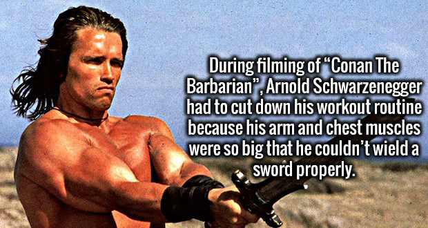 arnold schwarzenegger fun facts - During filming of Conan The Barbarian", Arnold Schwarzenegger had to cut down his workout routine because his arm and chest muscles were so big that he couldn't wield a sword properly.