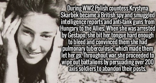 hunger for knowledge - During WW2 Polish countess Krystyna Skarbek became a British spy and smuggled intelligence reports and antitank guns from Hungary to the Allies. When she was arrested by Gestapo, she bit her tongue hard enough to bleed and convinced