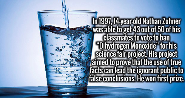 dihydrogen monoxide nathan zohner - "Dihya In 1997,14yearold Nathan Zohner was able to get 43 out of 50 of his classmates to vote to ban en Monoxide" for his science fair project. His project is aimed to prove that the use of true facts can lead the ignor